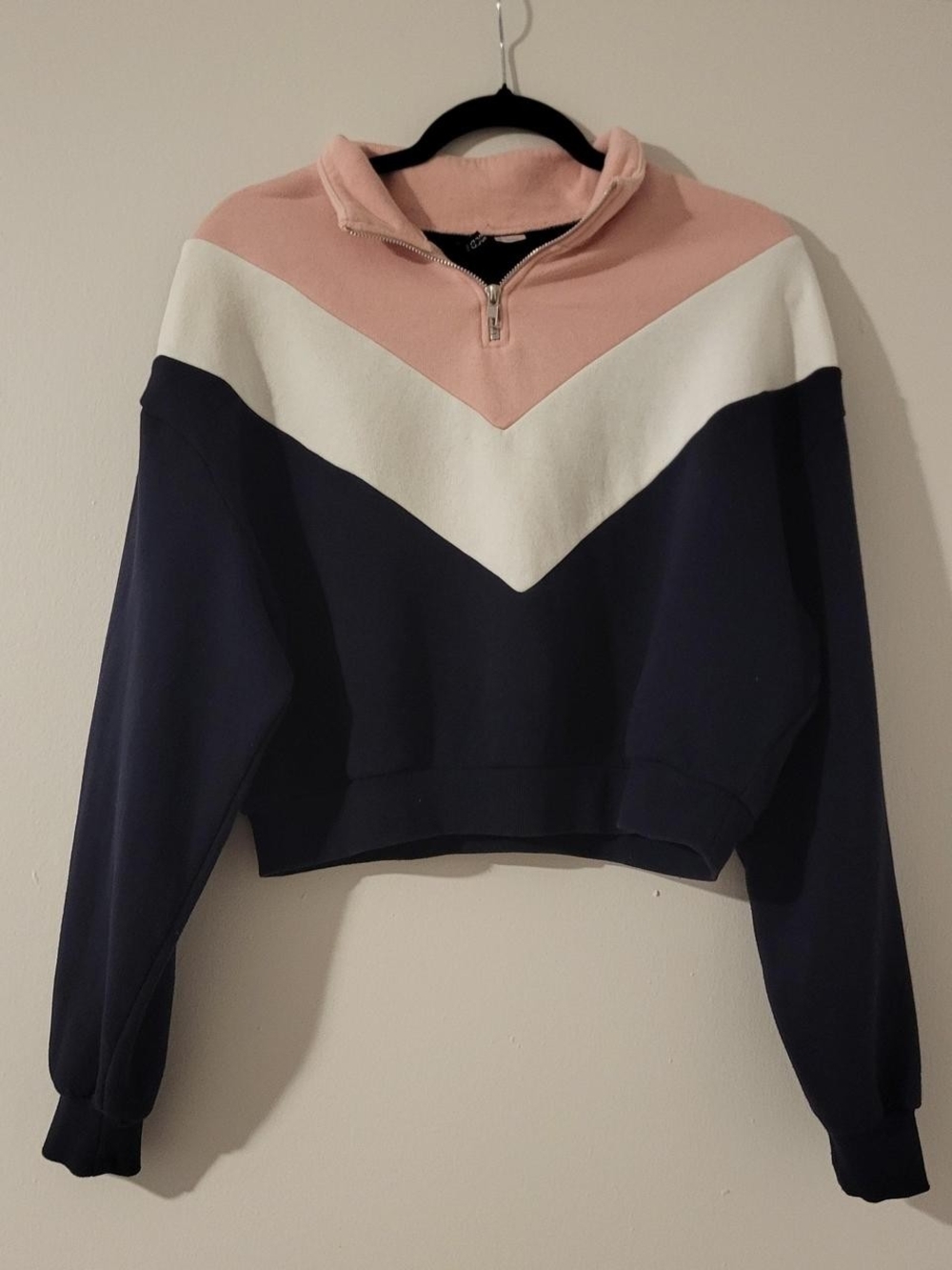 Women's Pink, White & Navy Chevron Quarter-Zip Pullover